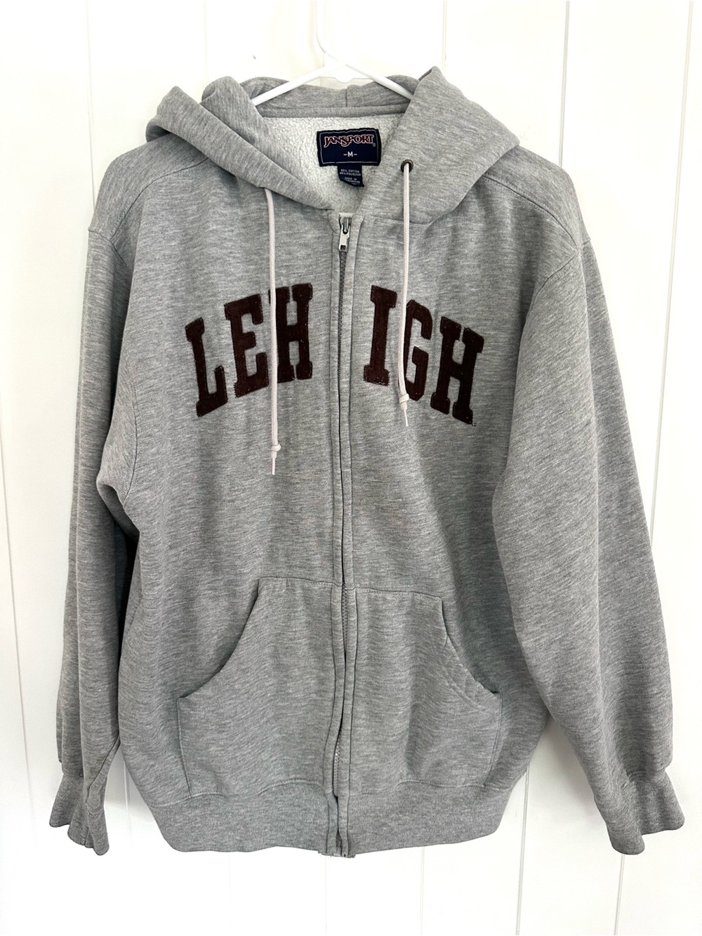 Vintage Jansport Lehigh University Gray Zip Up Hoodie with Brown Felt Lettering